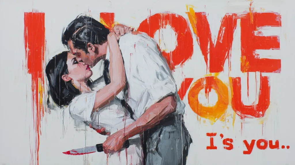 A painting depicts a passionate embrace between a man and a woman.  The man is subtly holding a bloody knife, juxtaposed against the bright red and orange "I LOVE YOU" painted behind them.  The bold text and the hidden weapon create a stark contrast between the apparent romance and a darker, implied violence.  The style is expressive and uses thick paint strokes, adding to the overall intensity.