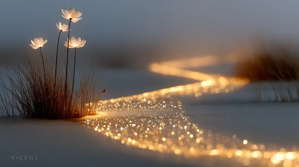 Three luminous, white flowers, resembling cosmos, illuminate a small patch of grass.  A shimmering, golden path of light, like a sparkling river, flows from the base of the flowers across the image, creating a magical and ethereal scene. The soft, muted background enhances the luminescence of the flowers and the captivating light trail. The overall effect is serene and dreamlike.