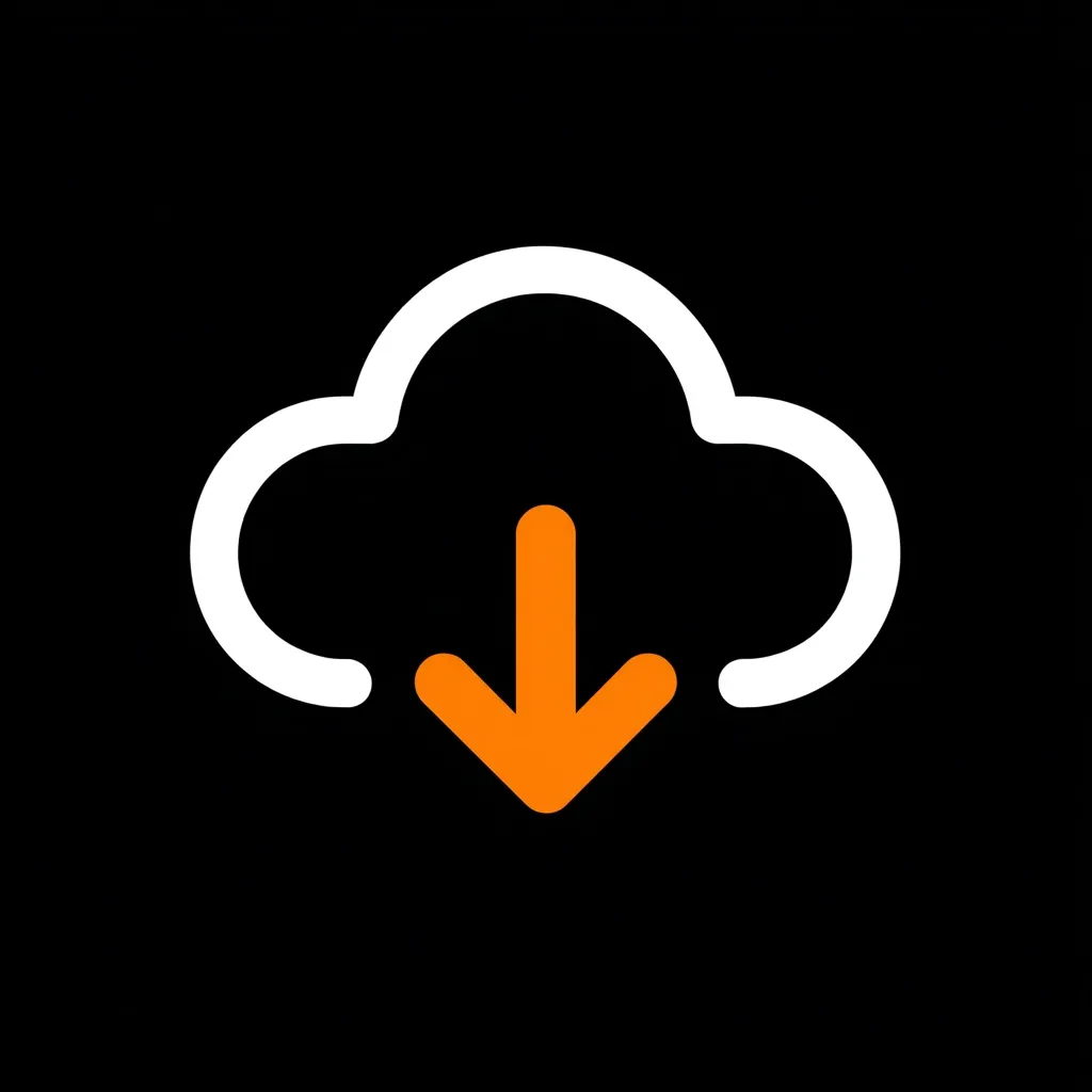 The image shows a simple icon depicting cloud storage download. A white cloud symbol is overlaid with an orange downward-pointing arrow, indicating the process of downloading files or data from a cloud-based server.  The icon is set against a black background for high contrast.