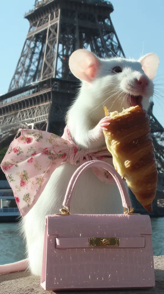 A white rat, elegantly dressed in a pink floral bow and carrying a miniature pink handbag, enjoys a croissant in front of the Eiffel Tower.  The scene is charming and whimsical, suggesting a stylish Parisian adventure for this adorable rodent. The contrast between the rat's attire and its casual snack creates a humorous and captivating image.