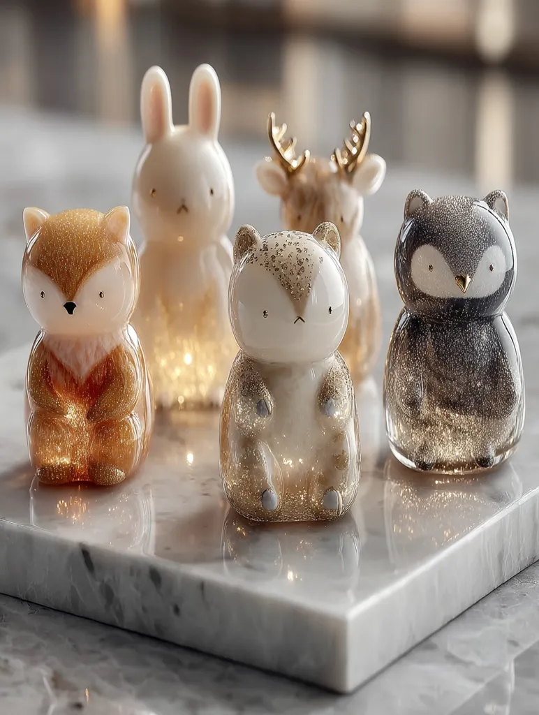 Five adorable animal figurines, seemingly illuminated from within, rest on a marble surface.  The collection includes a bunny, a deer, a fox, a bear, and an owl, each crafted with a light gold glitter finish. Their soft, rounded forms create a charming and whimsical scene.  The figurines appear delicate and possibly made of porcelain or a similar material.