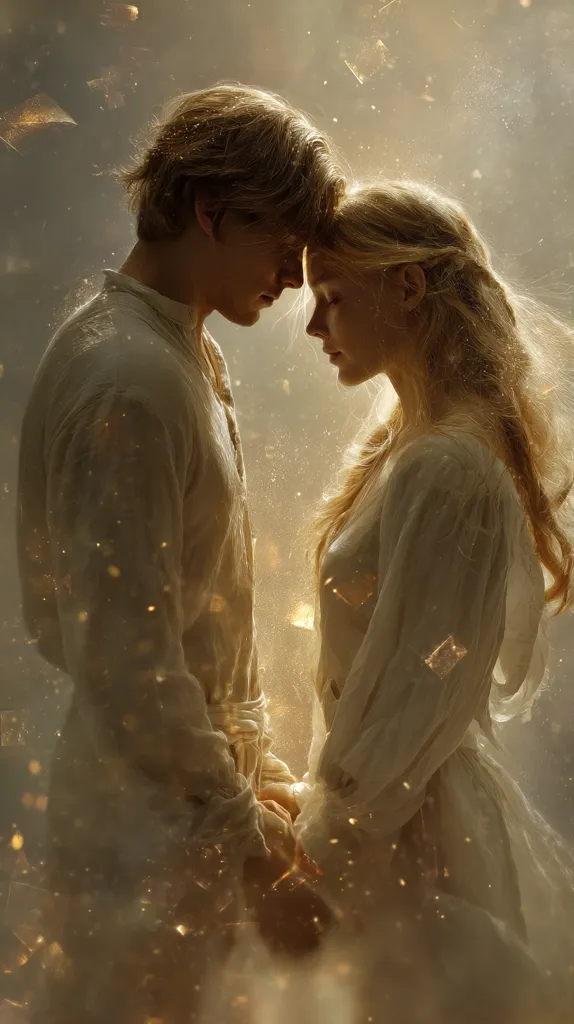 A romantic depiction of a young couple, a man and a woman, dressed in flowing white garments.  They stand close, foreheads touching, enveloped in a golden, ethereal light.  Particles of light shimmer around them, enhancing the dreamy, almost magical atmosphere. Their gentle connection conveys a sense of love and intimacy.