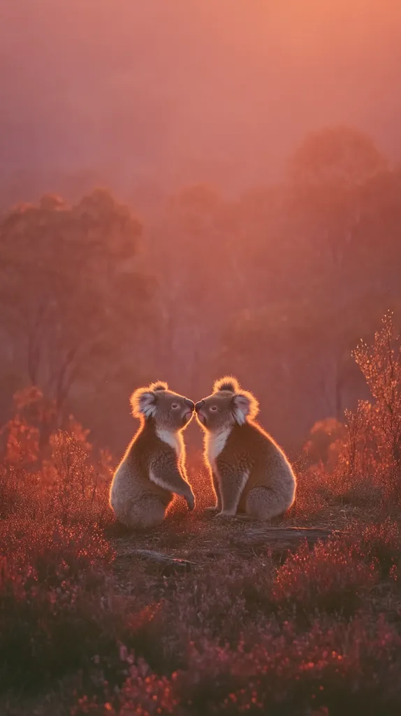 Two koalas sit facing each other, seemingly about to kiss, bathed in the warm golden light of a sunset.  The koalas are nestled amongst low-lying, reddish-hued vegetation. The background is a hazy, orange-toned landscape of trees and shrubs, suggesting a tranquil and serene Australian setting. The image evokes a feeling of peace and romance.