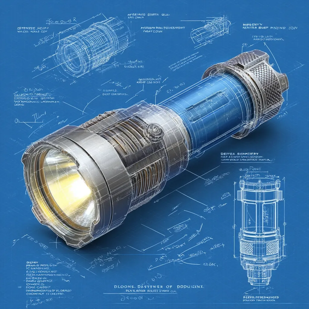 A detailed blueprint showcases a futuristic flashlight, rendered in three dimensions against a blue background.  Technical drawings and specifications surround the flashlight, including cross-sections and component diagrams.  The flashlight design is sleek and metallic, with a prominent blue central section. The overall style suggests a high-tech, possibly fictional, device.  Handwritten notes and measurements add to the technical authenticity.