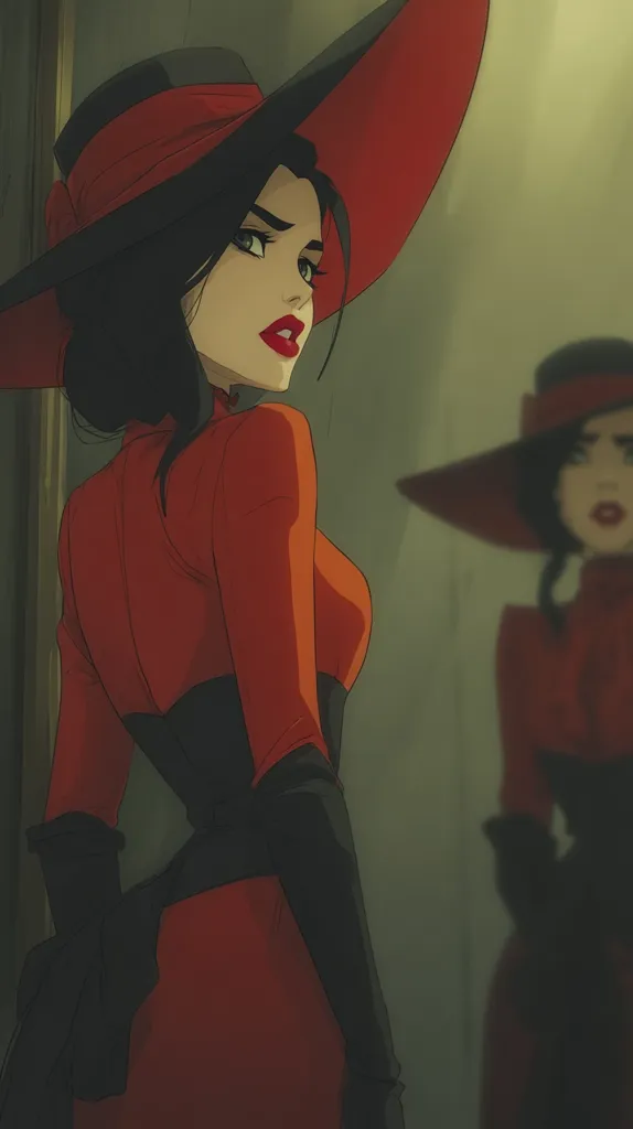 A stylized illustration of a woman in a red dress and wide-brimmed hat.  She's depicted from the back, her reflection subtly visible in a mirror behind her. The art style is reminiscent of animation, with smooth lines and muted colors. The woman's expression is confident, and her pose suggests a sense of mystery and intrigue.  The overall aesthetic is dark and elegant.