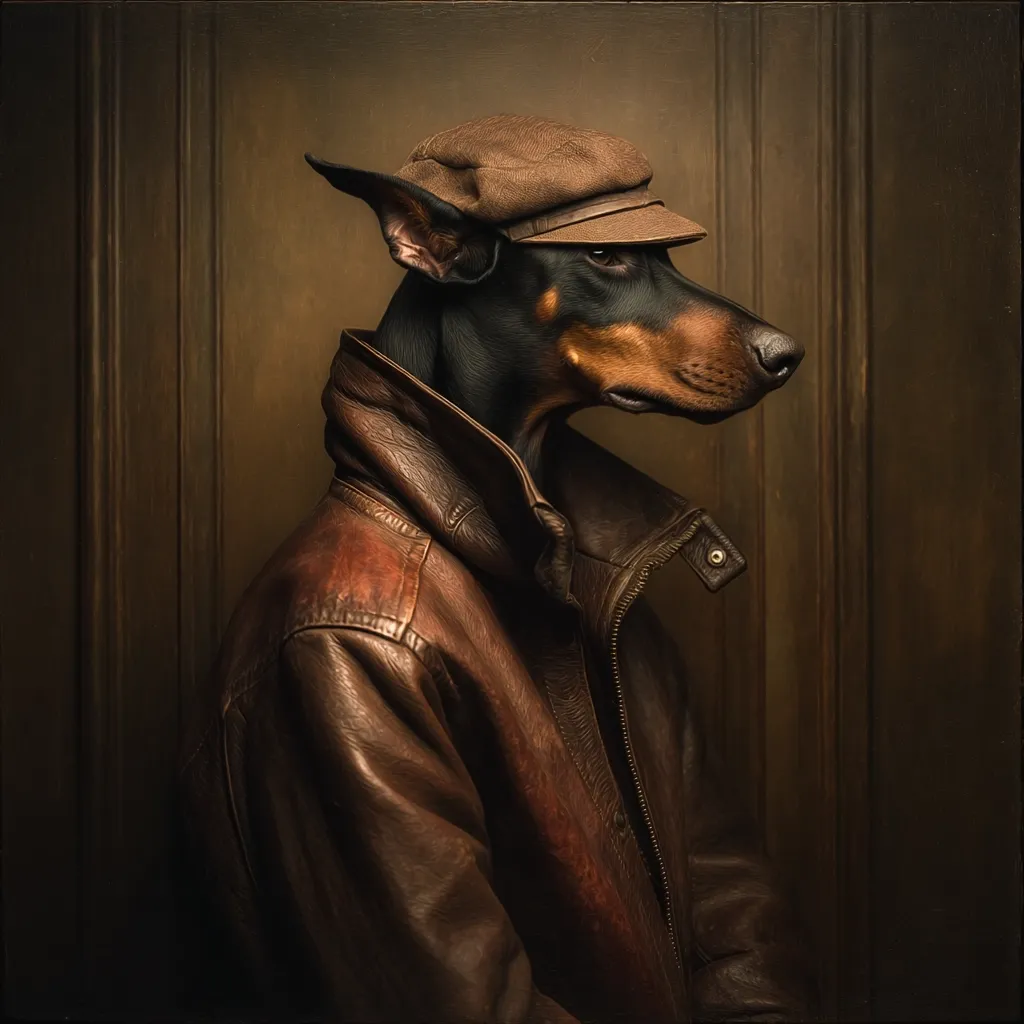A Doberman Pinscher, artfully portrayed, dons a brown leather jacket and newsboy cap.  The image is a stylized portrait, reminiscent of classic Hollywood photography, with a dark, moody background emphasizing the dog's serious expression and the rich texture of the clothing. The composition is tightly framed, focusing attention on the dog's dignified demeanor.