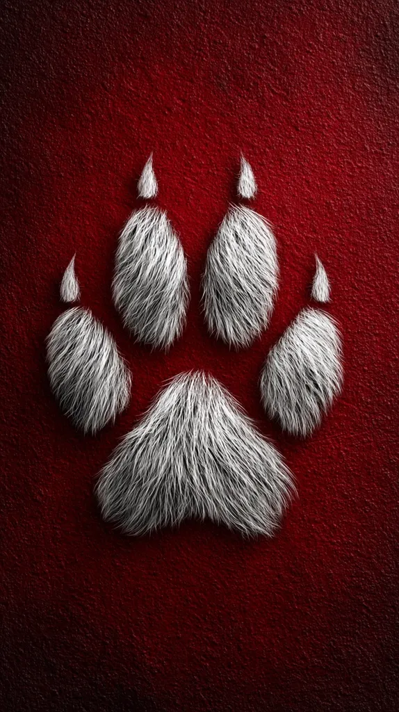 A digitally rendered image showcases a wolf paw print, meticulously crafted with fluffy, white fur against a deep red, textured background. The contrast between the light fur and dark background makes the paw print stand out prominently.  The detailed texture of the fur adds a realistic and captivating element to the design.