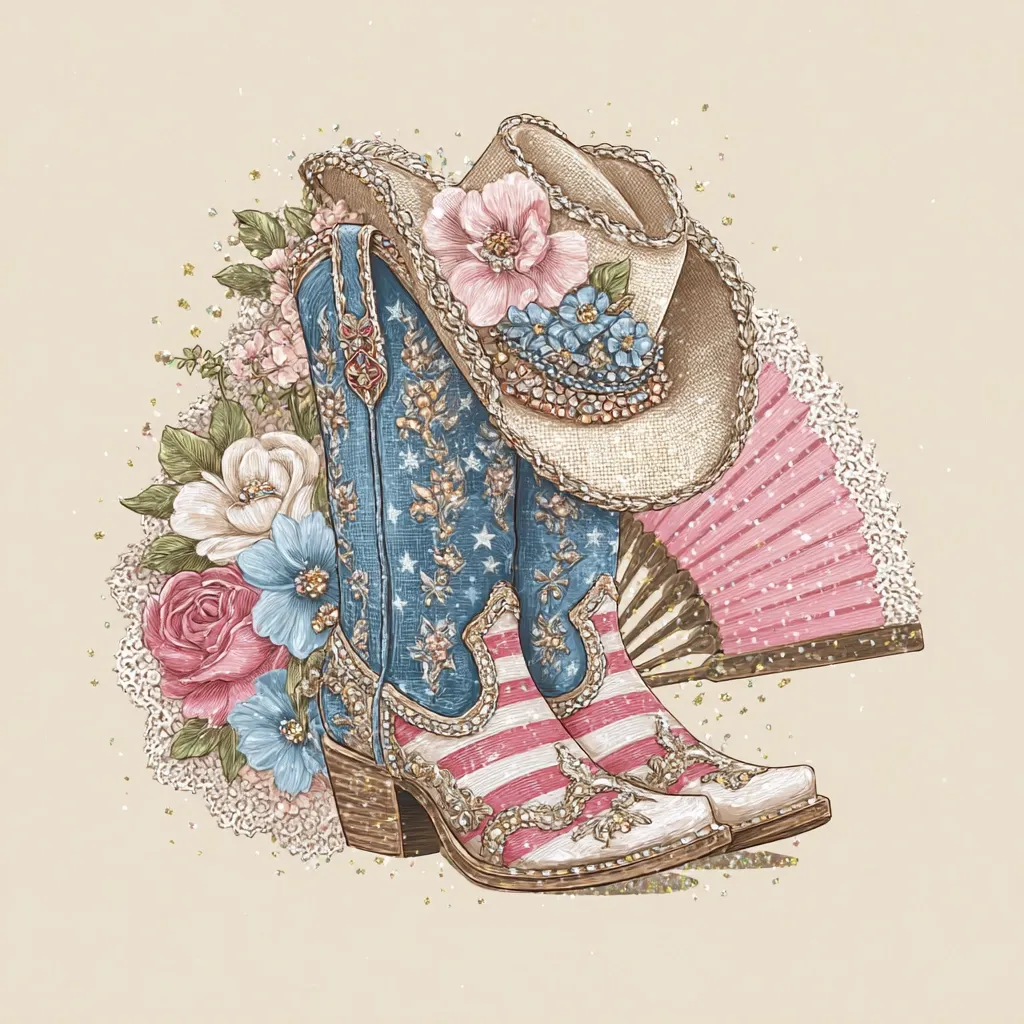 A pair of embellished cowboy boots, adorned with an American flag pattern and rhinestones, are the centerpiece of this illustration.  Beside them sits a straw cowboy hat, decorated with flowers and jewels, and a delicate pink hand fan.  The boots and hat are nestled amongst a bouquet of roses, and other blossoms, creating a charming, feminine, and patriotic scene.  Gold glitter accents add sparkle to the design.