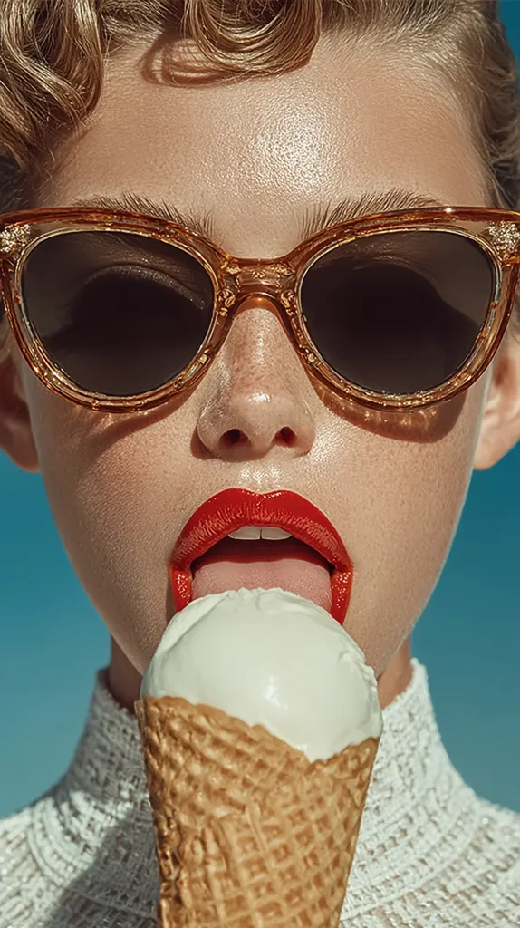 A close-up shot of a woman with short, curly blonde hair wearing tortoiseshell cat-eye sunglasses.  She has bright red lipstick and is licking a scoop of vanilla ice cream from a waffle cone. The background is a blurred bright blue. The overall aesthetic is retro and playful.