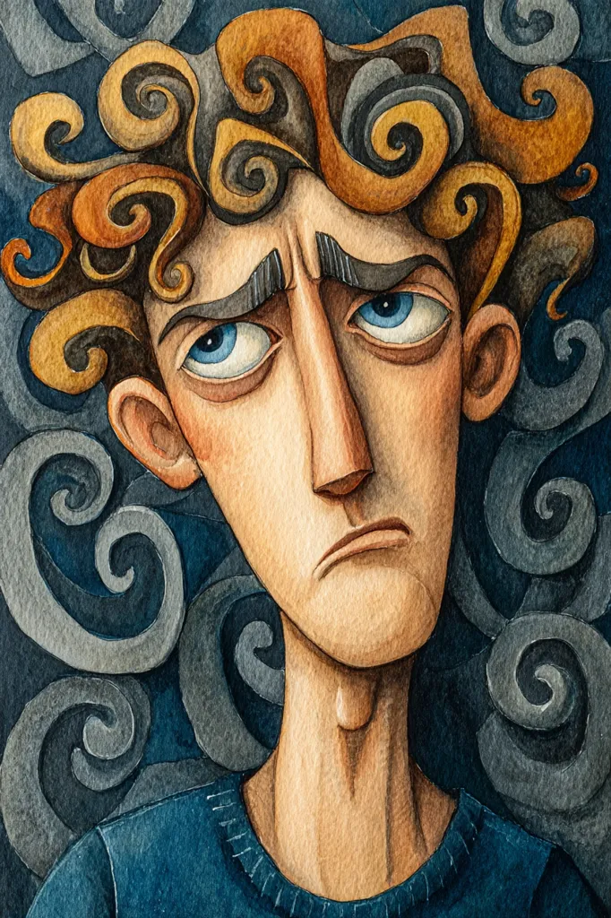A watercolor portrait of a young man with curly, stylized hair. His expression is somber, and his eyes convey a sense of melancholy.  The background features swirling, dark gray patterns that contrast with his warmer skin tones and reddish-brown hair. The style is expressive and slightly whimsical, with exaggerated features. He's wearing a dark blue sweater.