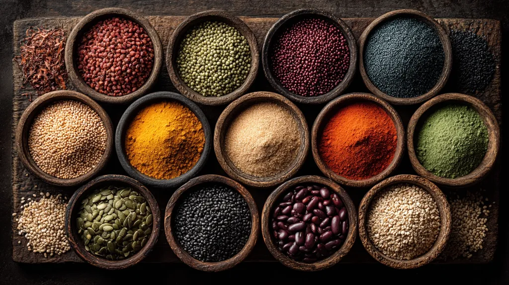 A collection of various seeds, spices, and grains are arranged in small wooden bowls on a dark wooden surface.  The bowls are neatly organized, showcasing a diverse range of colors and textures.  The items include red quinoa, green lentils,  various powders (turmeric, paprika, etc.), and beans, creating a vibrant and visually appealing display of culinary ingredients.