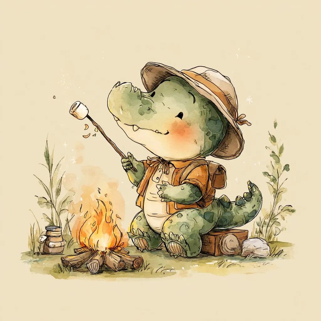 A cute cartoon alligator, wearing a safari hat and backpack, sits by a campfire roasting a marshmallow on a stick.  The alligator is depicted in a watercolor style, with soft colors and a whimsical expression.  The scene is peaceful and charming, suggesting a fun outdoor adventure.  Small details like wildflowers and a stack of supplies add to the overall ambiance.