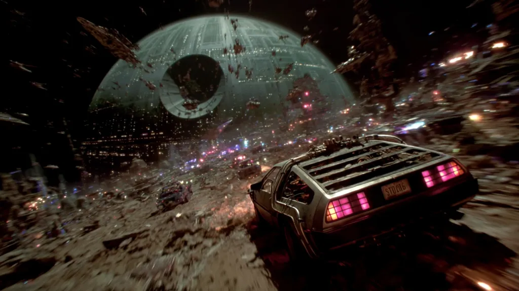 A DeLorean time machine speeds through a chaotic, debris-strewn landscape, dominated by a massive, looming Death Star.  Numerous vehicles and spaceships surround it, creating a scene of intense action and destruction. The sky is dark, filled with the glow of distant lights and explosions.  The overall impression is one of apocalyptic sci-fi warfare.