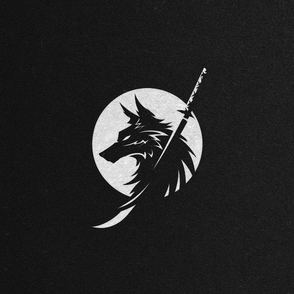 A striking logo features a stylized wolf's head, rendered in stark black and white, set against a circular backdrop suggesting a full moon.  A katana, a traditional Japanese sword, is diagonally positioned behind the wolf's head, its sharp lines contrasting with the wolf's fur. The overall design is minimalist and impactful, conveying strength and mystery. The textured black background enhances the logo's bold aesthetic.