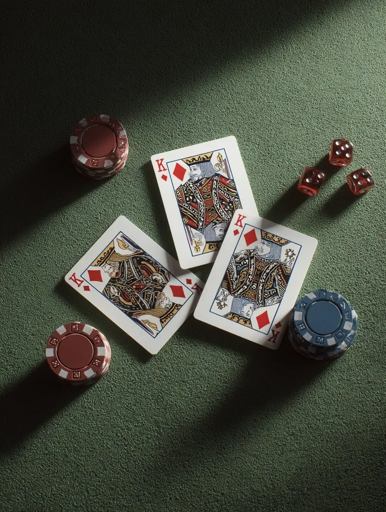 Two king of diamonds cards lie on a green felt surface, partially overlapping.  Surrounding them are several poker chips in maroon and dark blue, and three red dice. The scene is subtly lit, casting shadows that enhance the texture of the felt.  The overall impression is one of a poker game in progress.