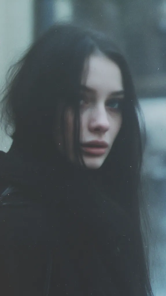 A young woman with long, dark hair looks directly at the camera.  Her expression is serious, almost melancholic.  The image is softly focused, with a muted color palette of blues and grays, creating a dreamy, ethereal atmosphere.  The overall mood is pensive and introspective.