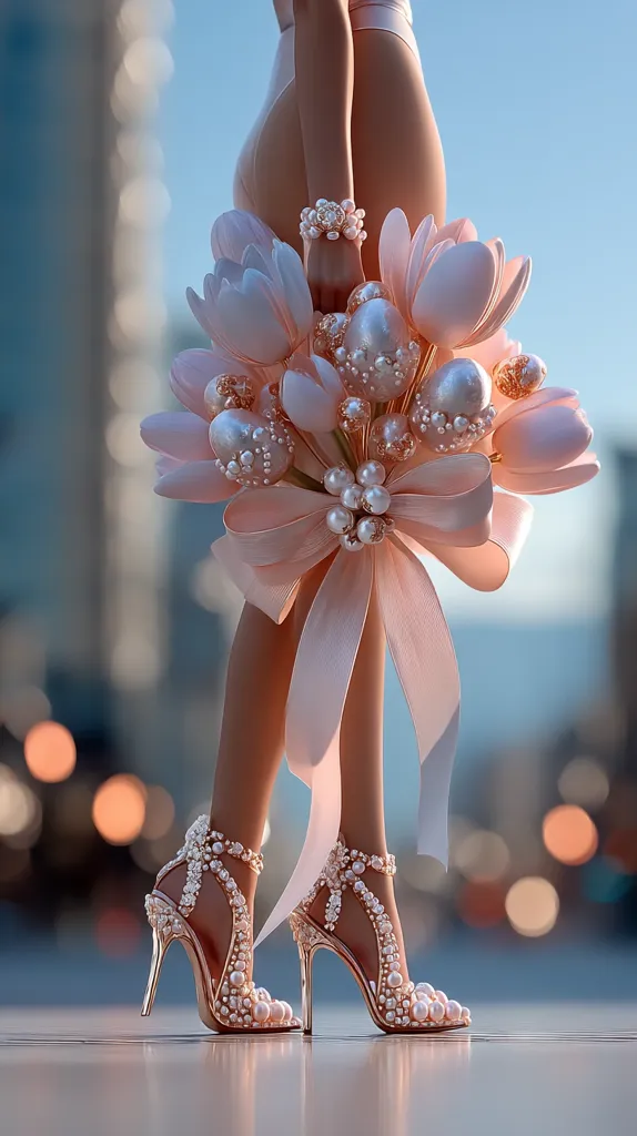 A woman's legs are shown, adorned with pearl bracelets and stunning pearl-encrusted heels.  She holds a luxurious bouquet of pale pink tulips, embellished with pearls and tied with a delicate ribbon.  The image is soft and dreamy, with a blurred city background enhancing the elegance of the scene.  The overall aesthetic is one of sophisticated bridal glamour.