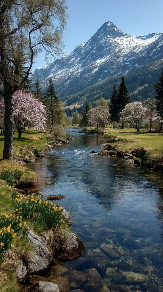 A serene river flows through a picturesque valley, its crystal-clear waters reflecting the surrounding mountains.  Snow-capped peaks rise majestically in the background, under a bright blue sky.  Spring blossoms adorn the banks, adding vibrant color to the scene, with daffodils blooming near the river's edge.  The tranquil atmosphere evokes a sense of peace and natural beauty.