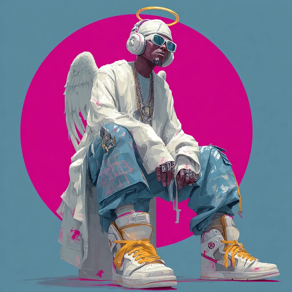 A stylized digital painting depicts a person with dark skin, wearing a white robe, blue pants, and high-top sneakers, accessorized with a halo, headphones, sunglasses, and metallic finger coverings.  They sit against a vibrant pink circle on a muted blue background, their pose relaxed yet striking. The overall aesthetic blends futuristic elements with religious iconography and streetwear style.  The wings are white and subtly rendered.