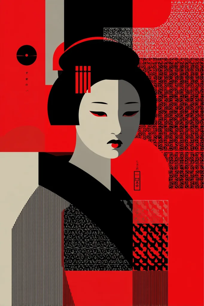 A stylized portrait of a geisha, rendered in bold black, red, and gray geometric shapes.  Her face is partially shadowed, creating a dramatic effect.  The background features various patterned textures, combining traditional Japanese aesthetics with a modern, abstract design.  The overall impression is one of sophisticated simplicity and striking visual contrast.