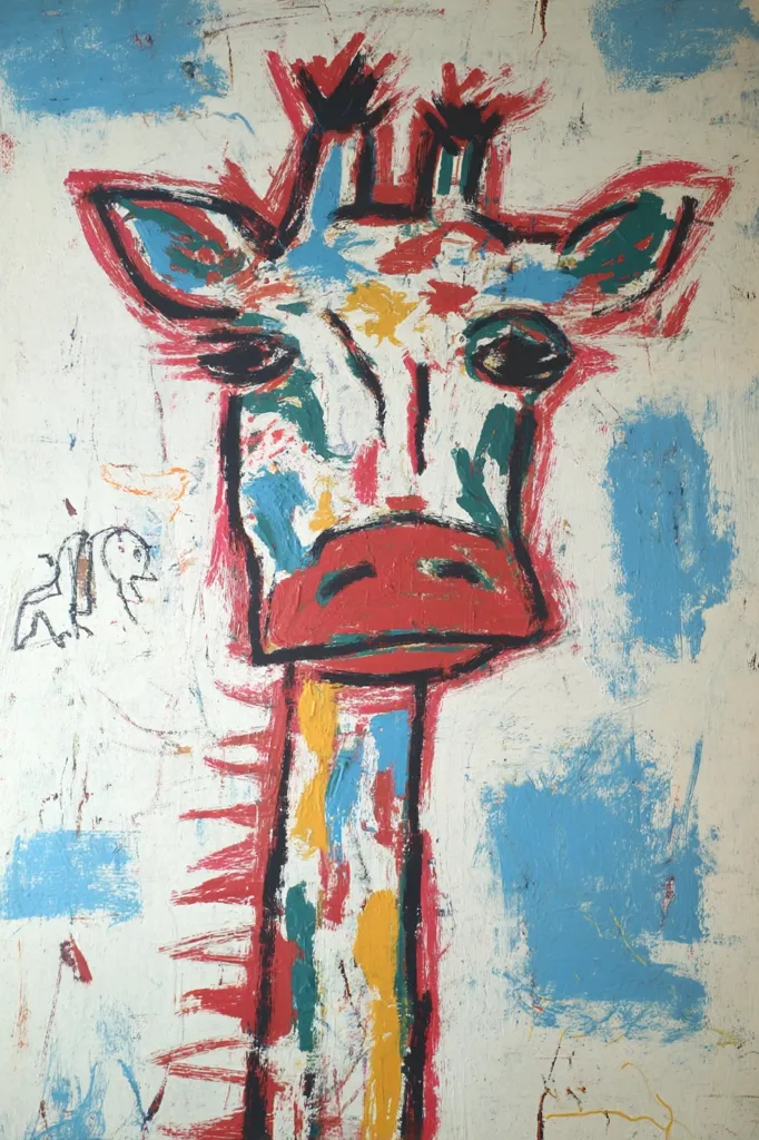 A vibrant, expressionist painting of a giraffe's head and neck dominates the canvas.  Bold strokes of red, yellow, blue, and black create a textured surface, contrasting against a white background with hints of light blue. The giraffe's features are simplified yet expressive, with a strong sense of movement and energy.  The overall style is raw and spontaneous, characteristic of contemporary art.  Small, barely discernible figures are present in the background.