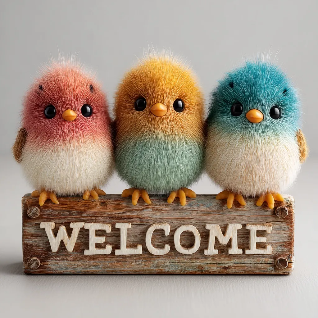 Three fluffy, cartoon birds in pink, yellow-green, and blue hues sit atop a rustic wooden welcome sign.  Their large eyes and small beaks give them a cute, endearing appearance. The scene is digitally rendered, showcasing a charming and welcoming image.