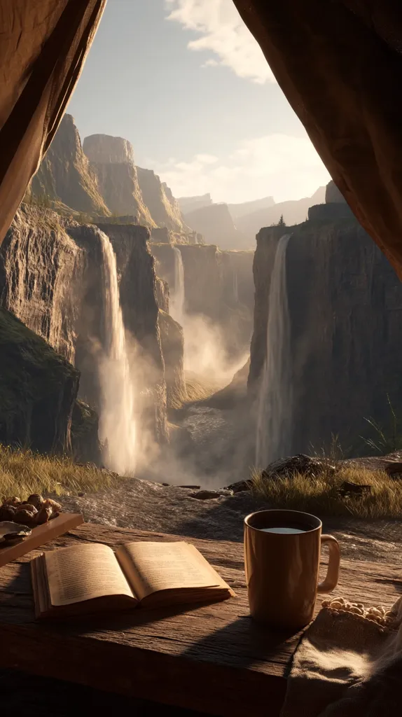 A breathtaking view of multiple waterfalls cascading down majestic cliffs is framed by a canvas tent.  Sunlight illuminates the misty scene. Inside the tent, a rustic wooden table holds an open book, a mug of steaming tea, and a small bowl of nuts, creating a tranquil and serene atmosphere. The image suggests peace and solitude in a stunning natural setting.