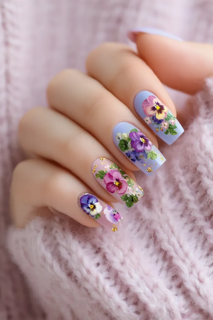 A close-up showcases a hand adorned with exquisite nail art. Each nail is delicately painted a soft lavender hue, and embellished with meticulously placed pressed pansies in vibrant shades of purple, pink, and white.  Golden flecks subtly accentuate the floral designs, creating a romantic and delicate effect. The hand rests gently on a plush, pale pink knitted fabric.