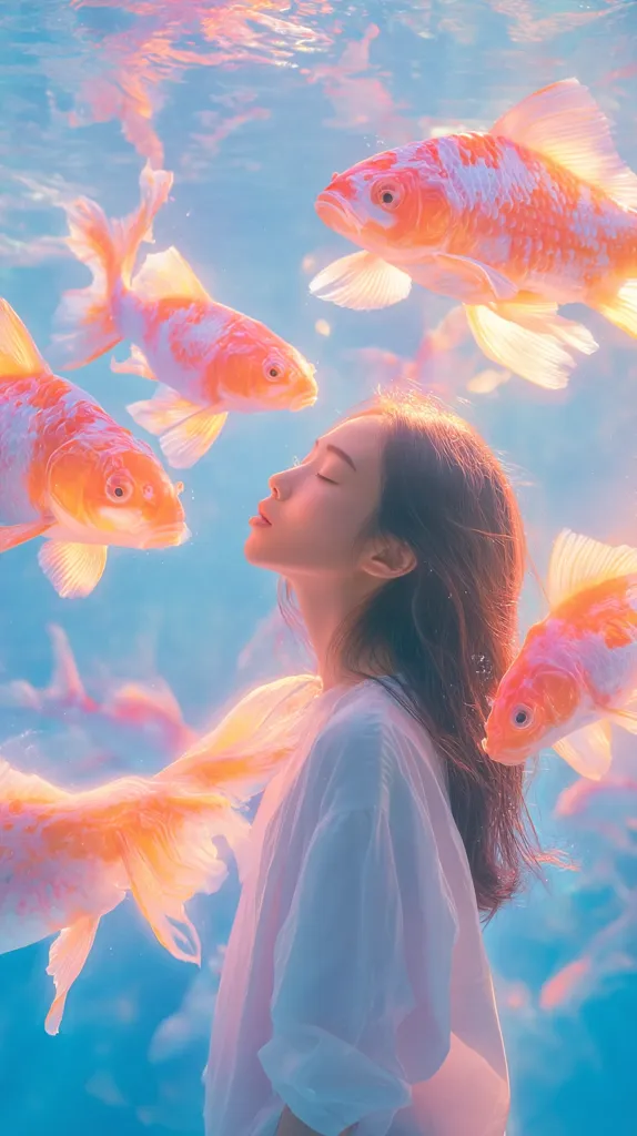 A young woman with long brown hair, wearing a flowing white shirt, is submerged in a tranquil underwater scene.  Surrounding her are several vibrant orange and white koi fish, their fins gracefully extended. The water is a soft, pastel blue, creating a dreamy and ethereal atmosphere.  The overall image evokes a sense of peace and serenity.