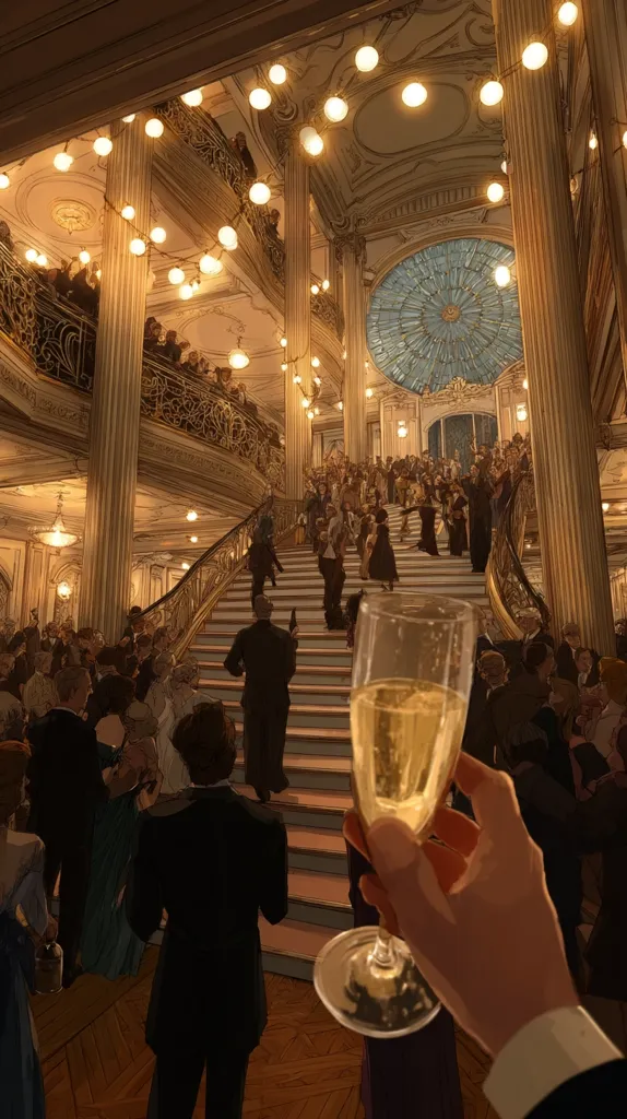 A grand staircase in a lavishly decorated hall is filled with elegantly dressed people attending a formal ball.  String lights illuminate the opulent architecture, culminating in a large, stained-glass dome. A hand holds a glass of champagne, capturing the celebratory atmosphere of the opulent event.  The scene evokes a sense of timeless elegance and grandeur.