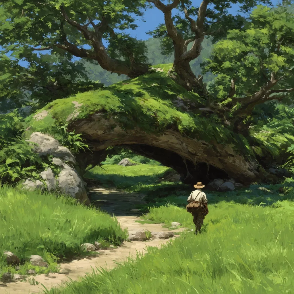 A lone traveler, clad in light-colored clothing and carrying a backpack, walks down a dirt path.  The path winds through a lush green meadow, under a massive, moss-covered tree that arches over the trail like a natural bridge.  Large rocks flank the path, and the background features rolling hills under a bright, sunny sky. The scene evokes a sense of peace and adventure.