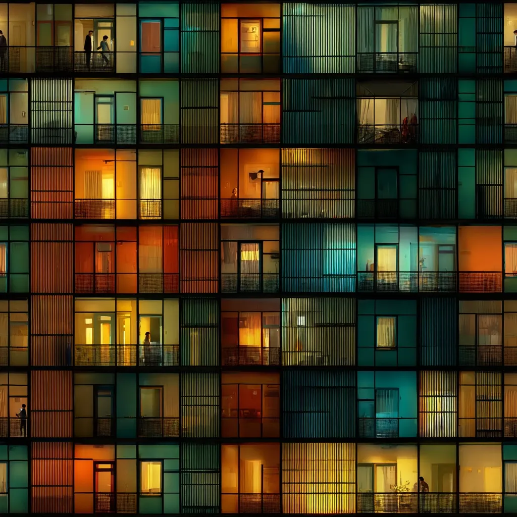 A stylized image depicts a multi-story apartment building at night.  Each apartment's balcony is illuminated with warm or cool colored lights, revealing glimpses of interior life.  The building's grid-like structure and consistent design create a repeating pattern.  Silhouetted figures can be seen on some balconies, adding a sense of human presence to the architectural scene.  The overall effect is one of quiet urban density and a sense of individual lives unfolding within a shared space.