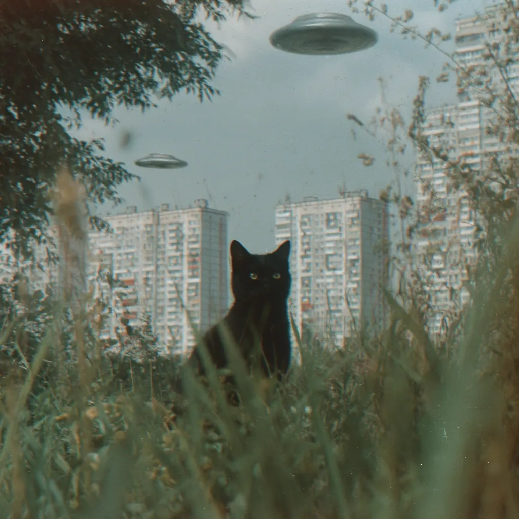 A black cat sits in tall grass, gazing intently at the viewer.  Three unidentified flying objects hover in the hazy sky above a cityscape of Soviet-era apartment buildings.  The overall aesthetic is vintage and slightly surreal, suggesting a mysterious or otherworldly encounter. The cat appears calm and observant amidst the unusual activity.