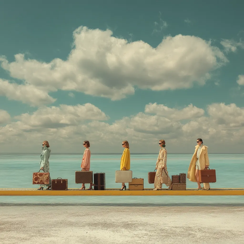 Five stylish women in retro attire stroll along a dock overlooking a calm ocean under a cloudy sky.  Each carries a vintage suitcase, creating a scene reminiscent of a bygone era of travel and elegance.  The color palette is muted and nostalgic, evoking a sense of serenity and adventure. The image is highly stylized and visually captivating.