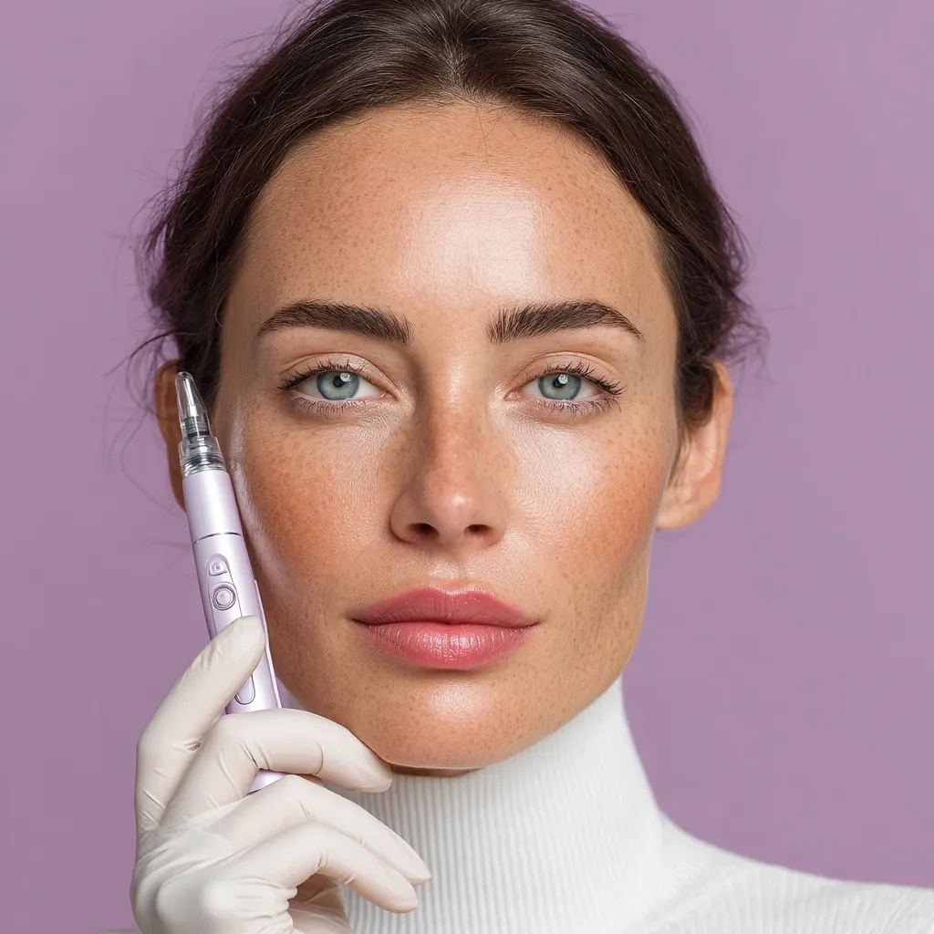 A close-up shot of a woman with flawless skin holding a lavender-colored skincare device.  She's wearing white gloves and a turtleneck, her expression serene. The background is a muted purple. The image suggests a focus on beauty, skincare technology, and a clean, minimalist aesthetic.