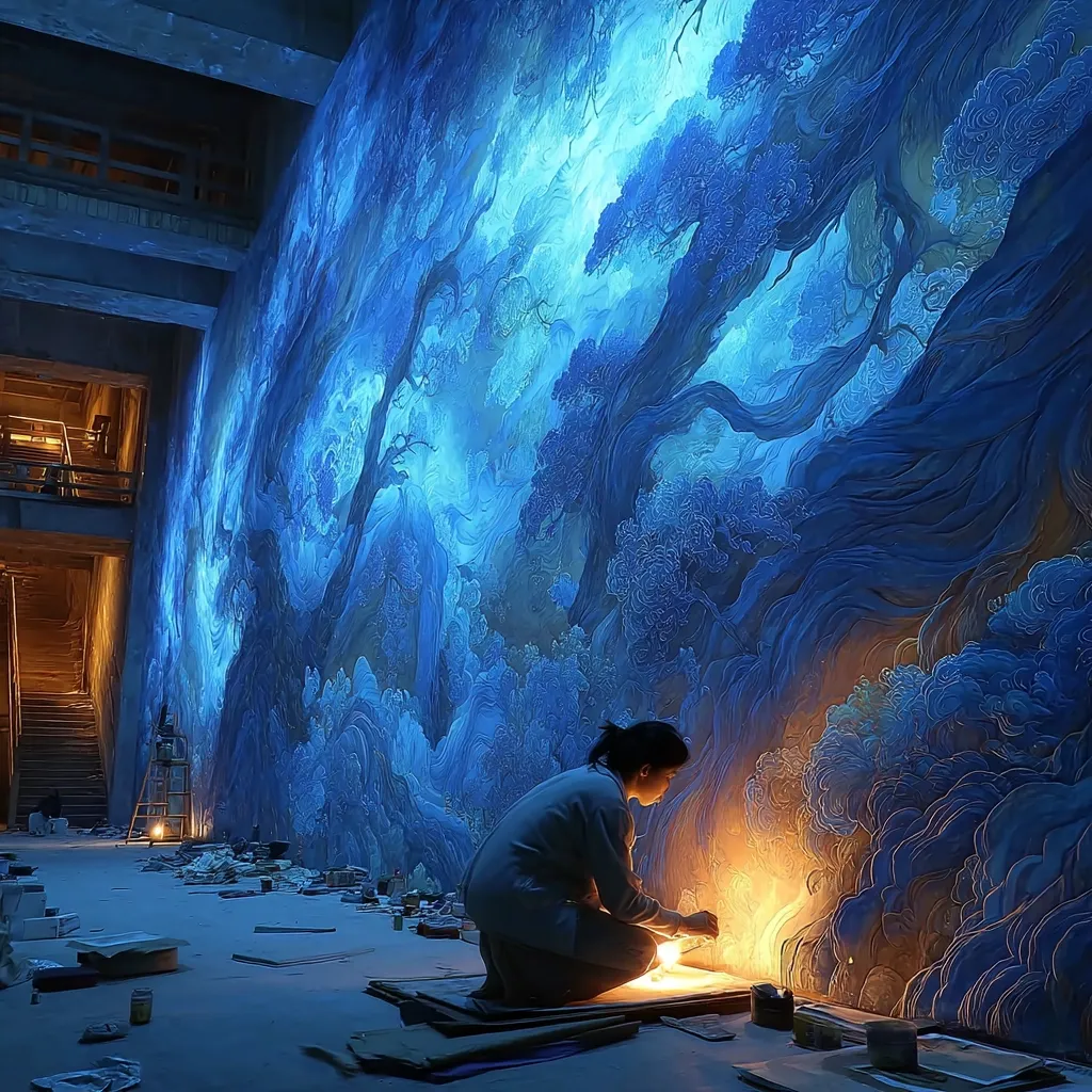 An artist kneels before a massive, breathtaking mural depicting a fantastical, ethereal blue forest. The artwork covers a large wall in what seems to be a spacious building under construction.  The artist, illuminated by a small light source, meticulously works on a detail, adding to the already impressive piece.  The scene is both serene and awe-inspiring, showcasing the scale and detail of the artistic endeavor.
