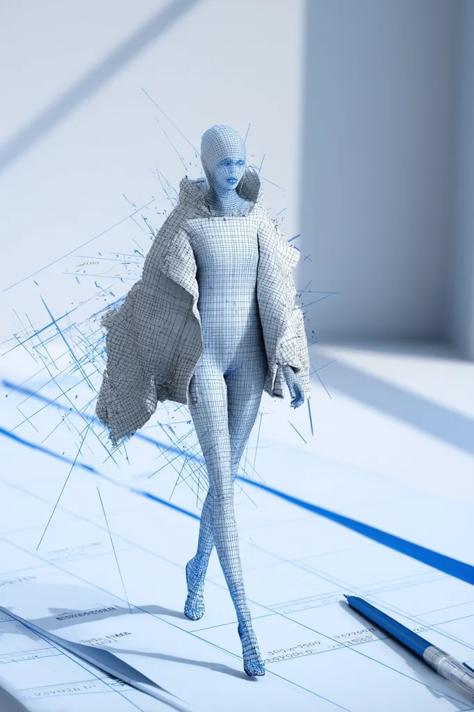 A wireframe model of a female fashion figure strides across a blueprint.  The model wears a wireframe coat, showcasing a digital design process.  The image suggests innovative fashion design using 3D modeling and digital technology, merging physical and virtual worlds. Blue lines of the blueprint and model create a cohesive aesthetic, emphasizing a modern, technologically advanced approach to fashion creation.