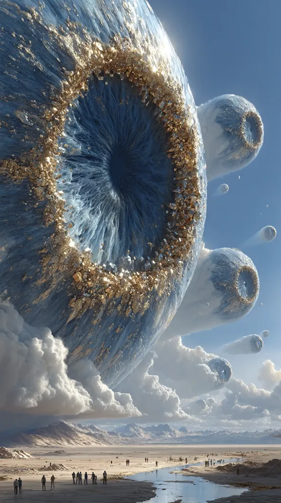A colossal, eye-shaped celestial body, adorned with gold accents, hovers over a desolate, sandy landscape.  Smaller, similar orbs trail behind it, creating a surreal and awe-inspiring scene.  Tiny figures of people are scattered on the ground, dwarfed by the immense scale of the cosmic phenomenon, emphasizing its otherworldly nature.  The sky is a clear blue, contrasting with the ethereal, blue and gold hues of the giant eye.