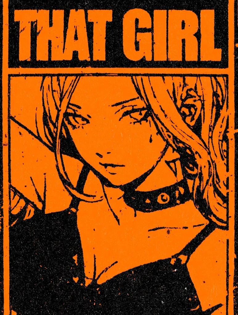 An orange and black graphic design features a stylized anime-inspired girl's face and shoulders.  The words "THAT GIRL" are prominently displayed at the top in bold, block letters. The overall aesthetic is gritty and reminiscent of punk or grunge styles, with a textured, almost distressed look to the image. The color contrast is sharp, creating a striking visual.