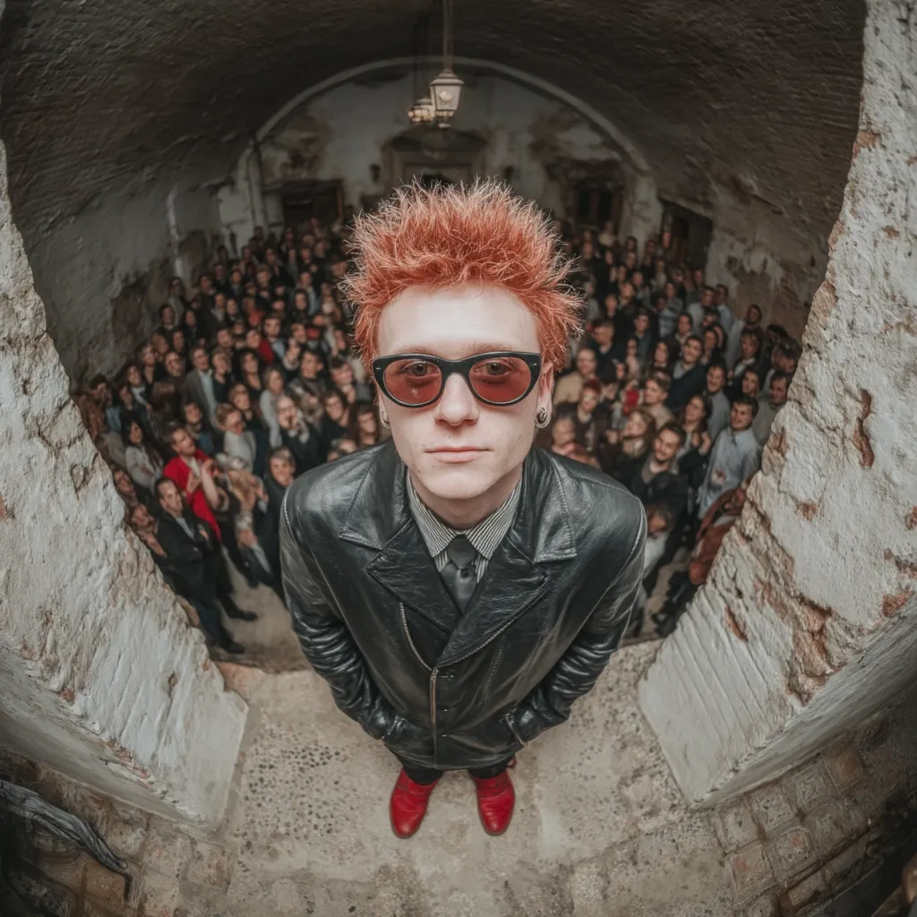 A young man with bright red spiky hair and sunglasses stands in a dark, arched hallway, looking directly at the camera. He wears a black leather jacket, a collared shirt, and a dark tie.  A large crowd of people is blurred in the background, filling the space behind him. The image is taken from a high angle, giving a fisheye perspective.  He's wearing red shoes.