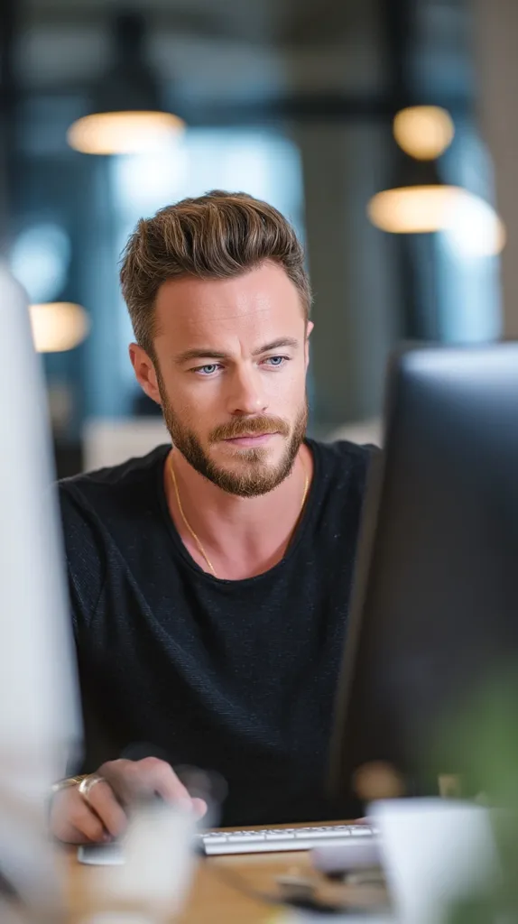 A focused man with short brown hair and a beard sits at a desk, intently working on a computer.  He's wearing a black t-shirt and a simple gold necklace. The background is blurred, suggesting a modern, open-plan office setting with soft lighting.  His expression is serious and concentrated as his hands hover over the keyboard.
