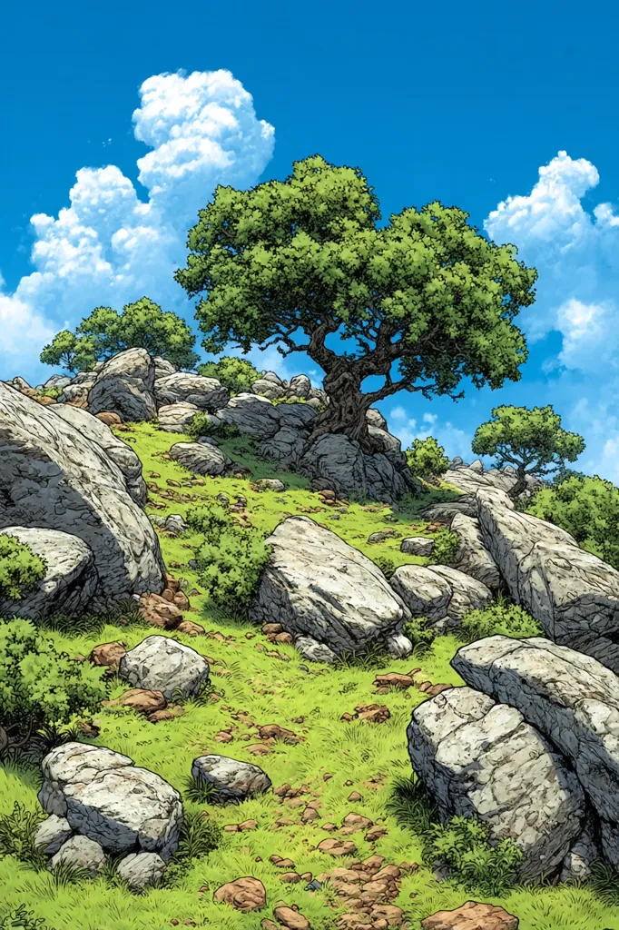 A picturesque landscape unfolds under a vibrant blue sky dotted with fluffy white clouds. A verdant hillside, speckled with weathered gray boulders of varying sizes, gently slopes upward.  A large, full oak tree stands prominently near the summit, its lush green canopy providing shade. Smaller shrubs and bushes punctuate the grassy terrain, creating a serene and idyllic scene. A faint, winding path seems to lead towards the tree.