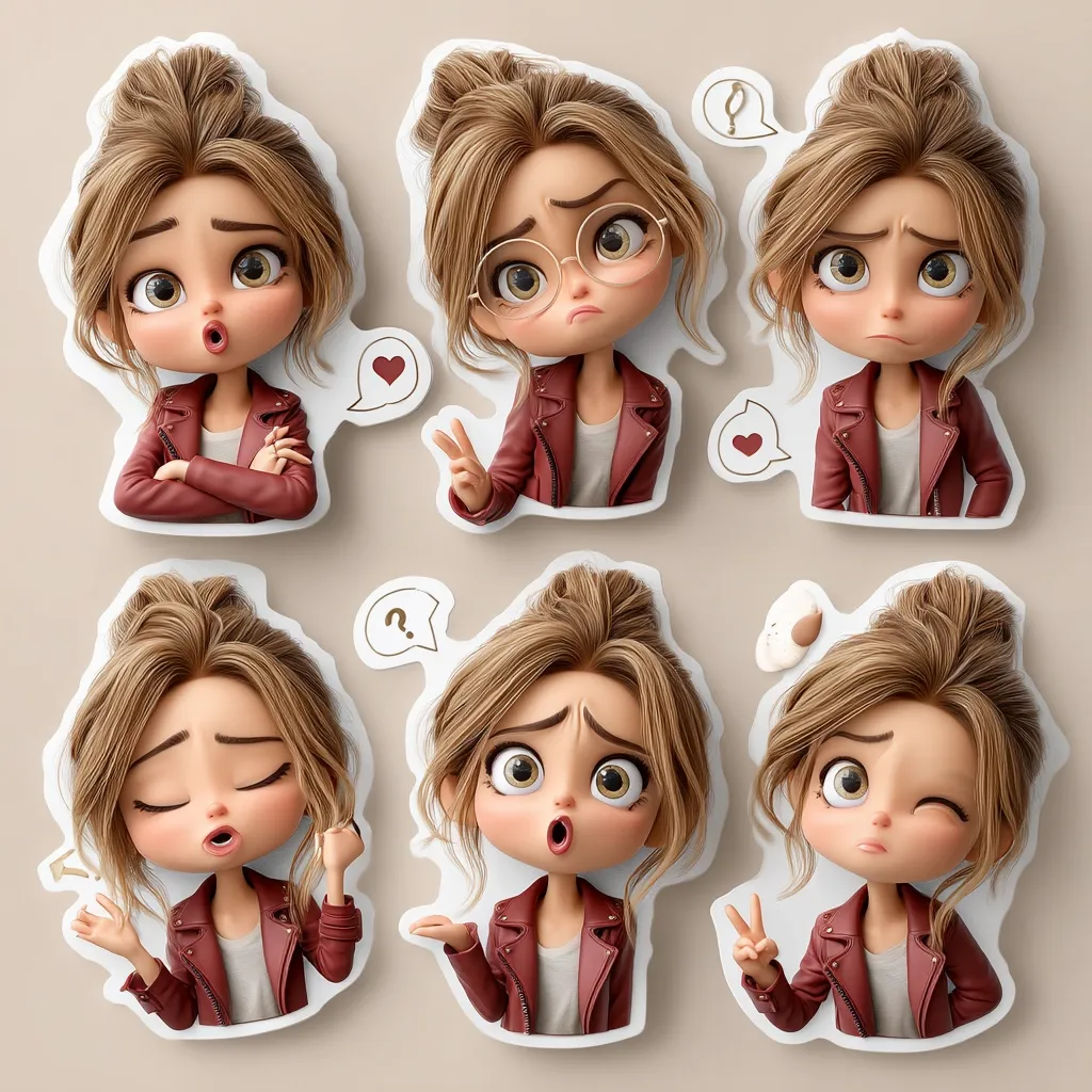 Six stickers featuring a cute, stylized cartoon girl with brown hair in a bun, wearing a maroon jacket.  Each sticker portrays a different facial expression: surprised, skeptical, sad, sleepy, shocked, and slightly annoyed/winking. Speech bubbles accompany some, showing hearts and question marks. The overall style is charming and expressive.