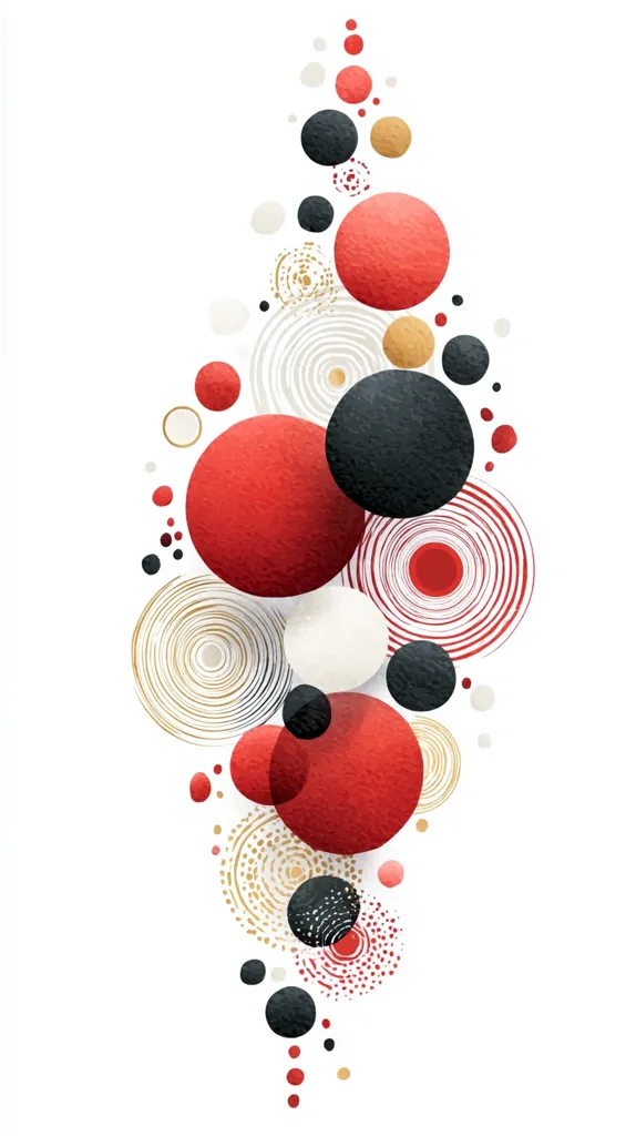 An abstract arrangement of overlapping circles in red, black, white, and gold hues.  The circles vary in size and are layered to create a sense of depth. Smaller circles and dots scatter around the larger ones, forming a vertical, teardrop-shaped composition against a white background.  The style is modern and minimalist, with a textured effect on the larger circles.