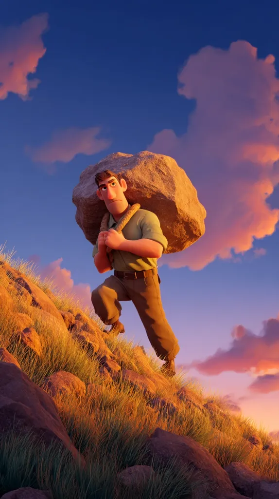 A stylized cartoon man, possibly from an animated film, toils uphill under a vibrant sunset.  He carries a large boulder secured by a rope, his determined expression visible despite the heavy load. The rocky terrain is sparsely covered with tall grass, adding to the scene's dramatic, arduous atmosphere.  The sky displays a beautiful blend of orange, pink, and purple hues.