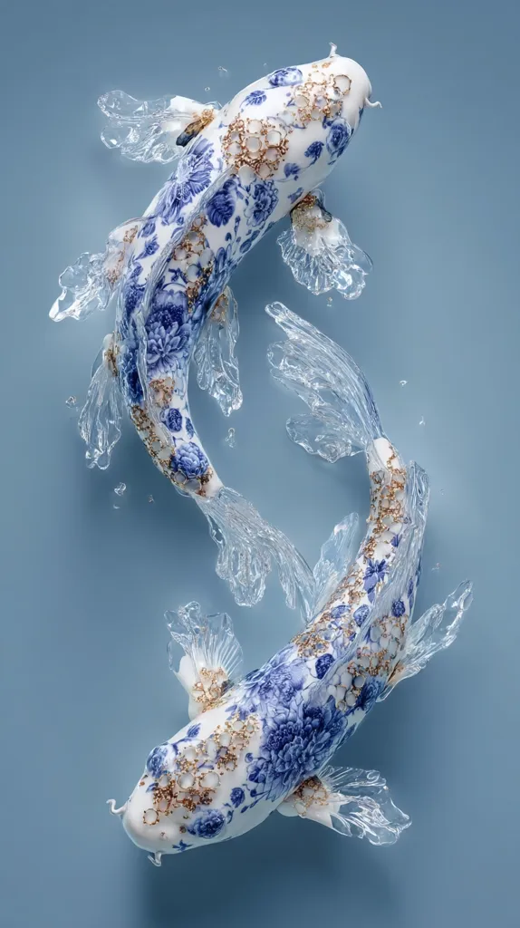 Two koi fish, rendered in exquisite detail, swim in a graceful dance. Their bodies are adorned with a stunning blue and white porcelain pattern, accented with gold detailing.  Transparent, crystalline fins and tails suggest movement through water.  The image is a serene and artistic portrayal of these symbolic creatures.