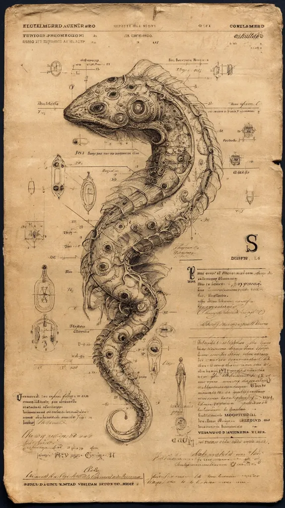 A detailed ink drawing depicts a biomechanical seahorse, intricately rendered with gears and other mechanical components.  The illustration is superimposed on aged parchment, mimicking a technical blueprint.  Annotations and diagrams surround the seahorse, suggesting a fantastical, engineered creature.  The style evokes a steampunk aesthetic with its blend of biology and mechanics.  The paper appears aged and worn, adding to the antique feel.