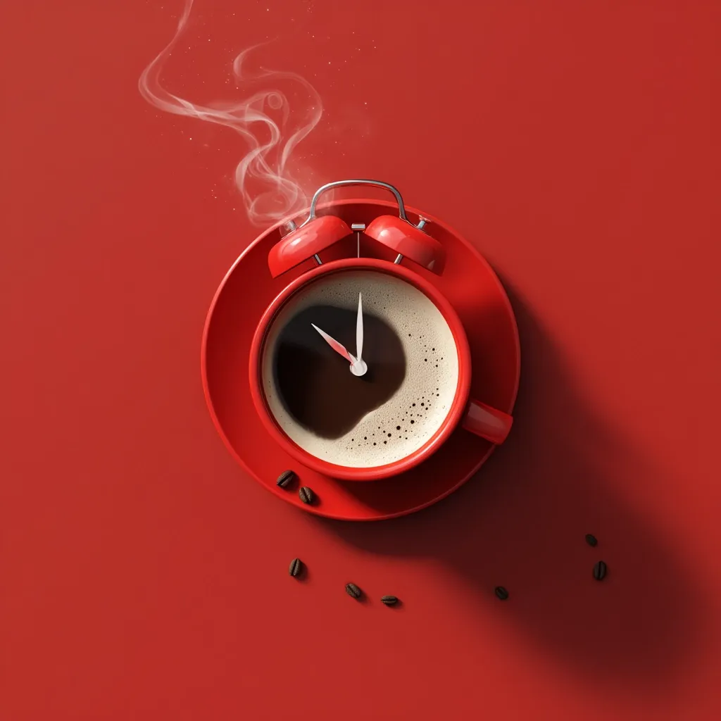 A red alarm clock-shaped coffee mug sits on a red saucer, steaming on a red background.  The coffee's surface forms the clock face, indicating the time.  A few coffee beans are scattered nearby. The image is a creative visual representation of time and coffee, possibly suggesting a morning routine or the urgency of time.