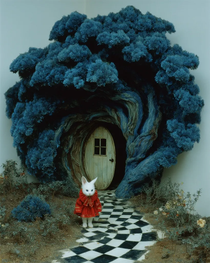 A white rabbit, dressed in a red coat, stands before a whimsical doorway nestled within a large, blue-hued tree.  The path leading to the door is a checkered pattern, reminiscent of a fairytale.  The scene is surreal and evocative of a fantasy world, possibly inspired by Alice in Wonderland.  The overall mood is serene and slightly mysterious.
