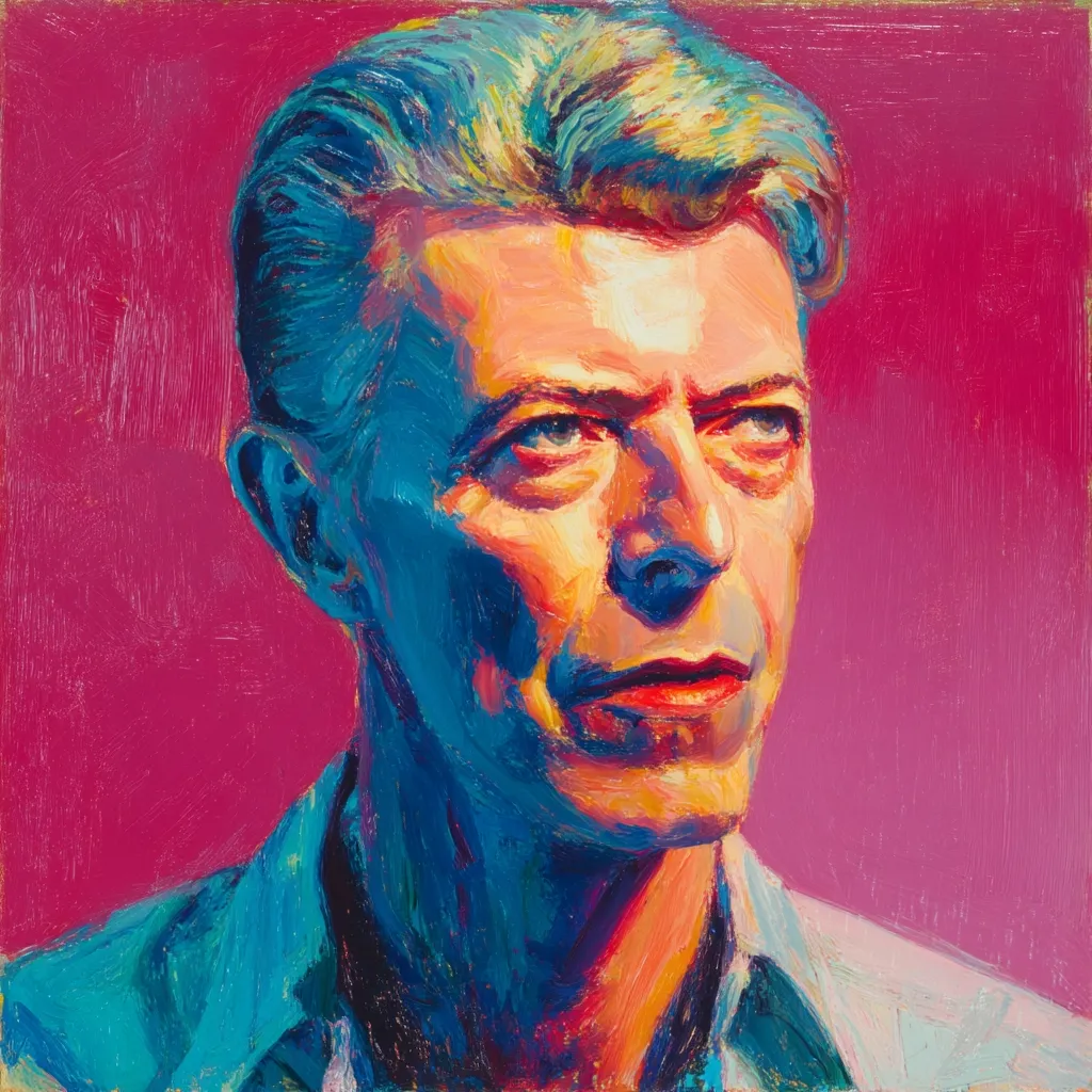A vibrant, stylized portrait of David Bowie.  Painted in bold strokes of teal, orange, and magenta, the artwork emphasizes the singer's iconic features: his striking eyes, sculpted cheekbones, and distinctive hairstyle. The vivid color palette and impasto technique create a dynamic and expressive image, capturing Bowie's intensity and charisma.  The background is a deep, rich pink that contrasts sharply with the cool tones of Bowie's face and clothing.